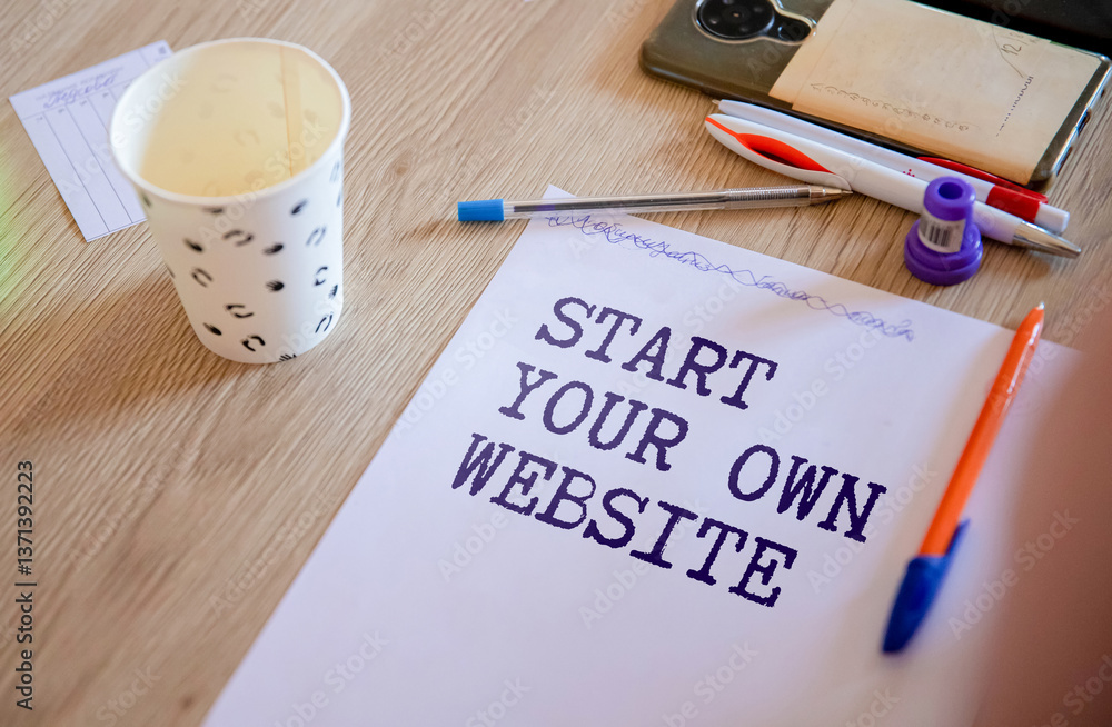 Aufkleber notebook with text start your own website on wooden table with pen