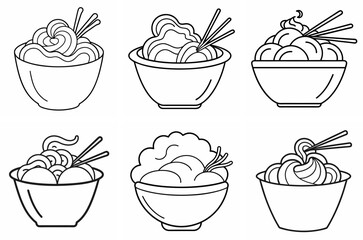 Noodles Outline Coloring Book Page Line Art Drawing Set on White Background