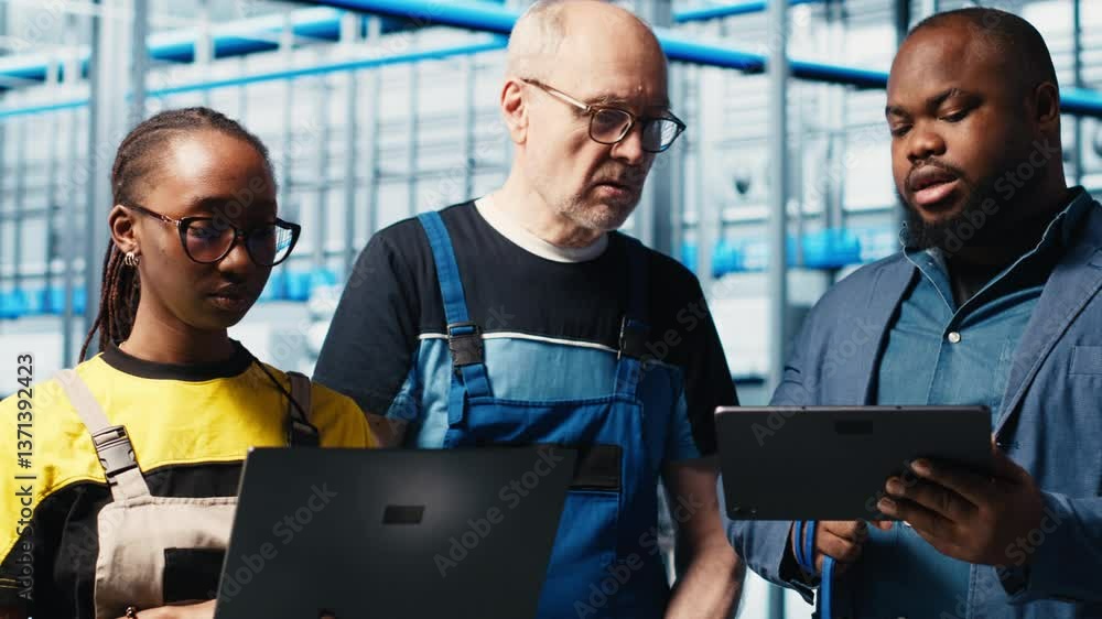 Aufkleber engineers talking with manager overseeing smart factory, showing collected metrics. technicians rece