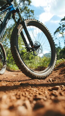Fototapeta premium Photo Mountain Bike Front Wheel And Trail With Focus On Tire And Brown Dirt