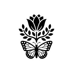 Black and White Floral Butterfly Logo Design, Minimalist, Vector