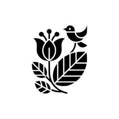 Minimalist Black & White Flower & Bird Design - Modern Floral Illustration