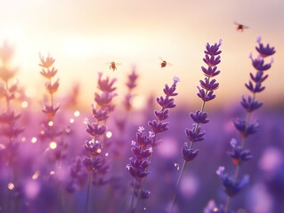 Bees Flying Over Lavender Field at Sunset with Warm Glowing Light