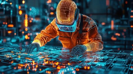 Futuristic technician analyzing digital data in neon environment