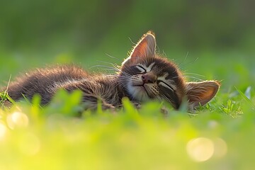 Obraz premium Sleepy Kitten in Grassy Meadow
