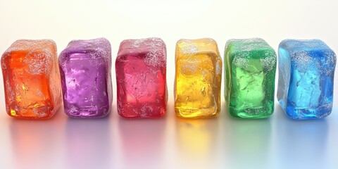 Colorful ice cubes arranged in a row on a white surface with reflections and bubbles
