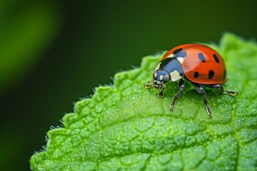 A close up photograph of a ladybug on a vibrant green leaf
