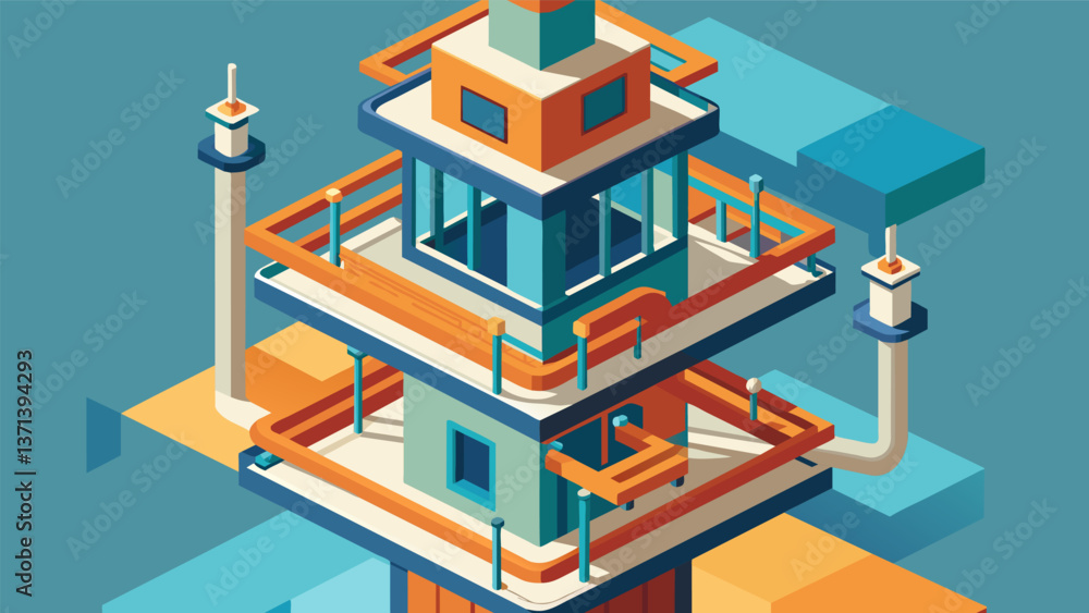 Poster a birds eye view of the tower with layers of trays and pipes resembling a complex and intricate piec