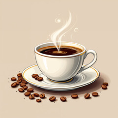 Obraz premium Hot brown espresso in a white mug with beans