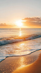 The sun is setting over the ocean, casting a warm glow on the water