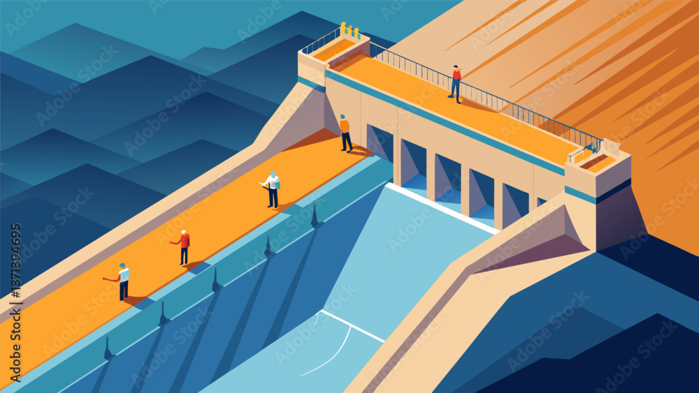 Poster a birds eye view displays the impressive scale of the dam with tiny workers visible on the surface t