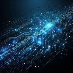 Obraz premium futuristic digital background featuring glowing blue circuitry lines and connected dots on a dark blue gradient backdrop. The circuit lines extend diagonally with a neon effect.