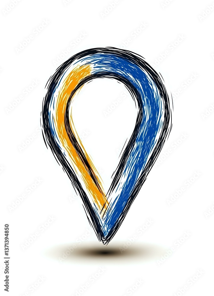 Poster artistic location pin marker with blue and yellow brush strokes on white isolated background, modern
