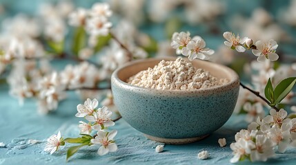 Powder in Ceramic Bowl Adorned with Delicate Blossoms on a Light Blue Background.