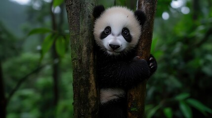 Obraz premium Adorable panda cub clinging to a tree