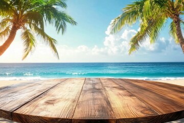 Wooden table of free space for your decoration and summer landscape of beach and ocean with two palms. Sunny day time light.