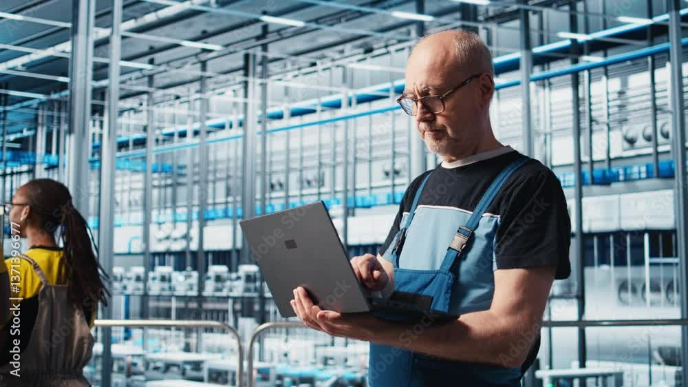 Aufkleber smart factory senior engineer uses laptop to oversee operation of robotic arms and conveyor systems.