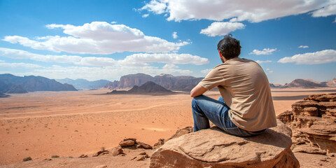 A lone traveler contemplates the vast Wadi Rum desert landscape under a brilliant blue sky, finding peace and solitude amidst the majestic red sandstone mountains.