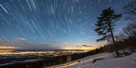 A breathtaking winter night sky swirling with star trails above a distant city, showcasing a lone pine tree on a snow-covered hill.