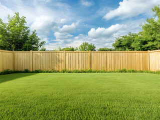 Photo Of Green Grass And Wooden Fence Under A Blue Sky With Clouds