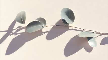 Photo of Eucalyptus Branch with Green Leaves and Shadow on a White Background