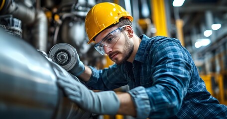 A focused worker is inspecting industrial machinery with tools