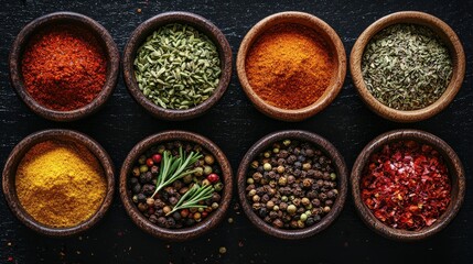 Flat lay. Bowls with different spices on black background.