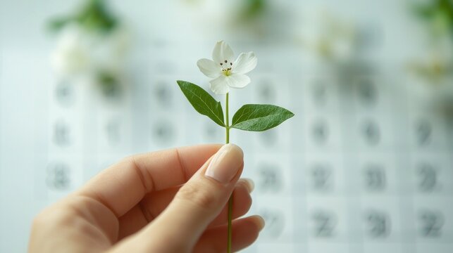 Delicate White Flower Held Above Calendar Pages with Soft Focus