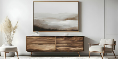 Photo of Interior Room Design Features Wooden Cabinet Artwork and Soft Tones