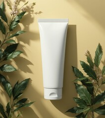 Minimalist Cosmetic Tube Mockup on Natural Background with Green Leaves and Yellow Background