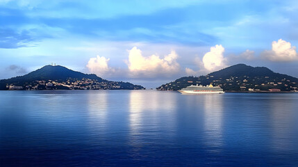 Photo of Island Landscape with Blue Ocean and Boat under Cloudy Sky