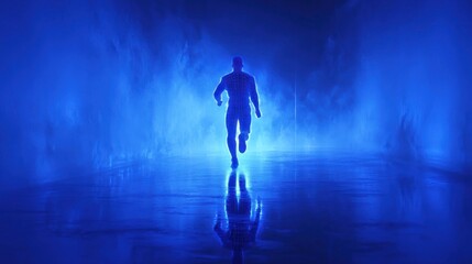 Fototapeta premium A solitary figure runs through a glowing blue corridor, evoking a sense of urgency and mystery