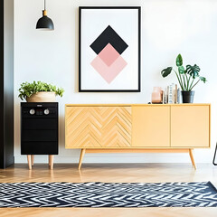 Photo of Modern Interior Design with Wooden Cabinet and Geometric Art