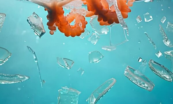 Boiled octopuses with ice rise up and fall down. On a blue background. Filmed is slow motion 1000 fps.