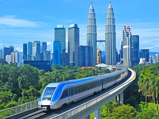 Naklejka premium Photo Of Modern Train Traveling Through Kuala Lumpur Cityscape During Daytime