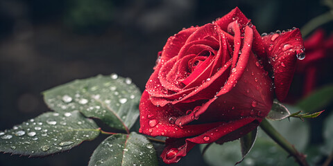 A velvety red rose, glistening with morning dew, a symbol of passionate love and enduring beauty in a dark, romantic garden setting.