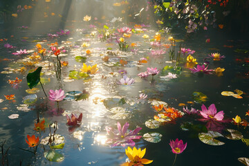 "Vibrant 3D render of flowers and plants floating on water with sunlight reflections."