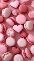 Obraz premium Photo of Pink Macarons and Heart-Shaped Desserts on a Pastel Background