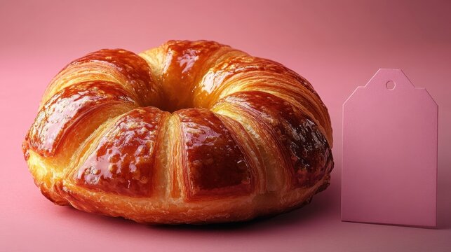 A glazed ring shaped pastry is placed next to a pink tag