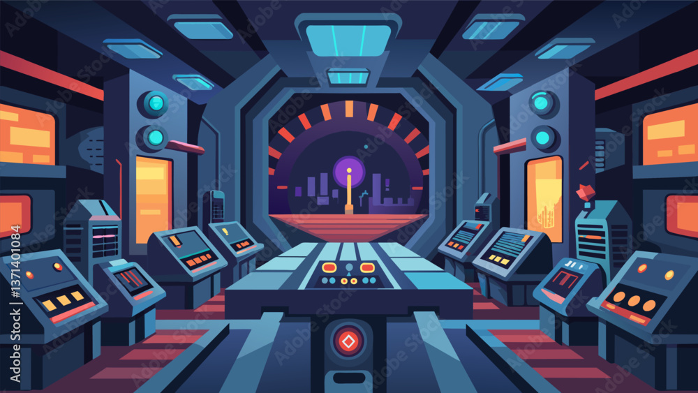 Poster a maze of futuristiclooking control rooms filled with flashing lights and gauges.. vector illustrati