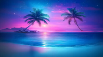 Obraz premium Photo of Palm Trees Silhouettes against a Colorful Sunset at the Beach