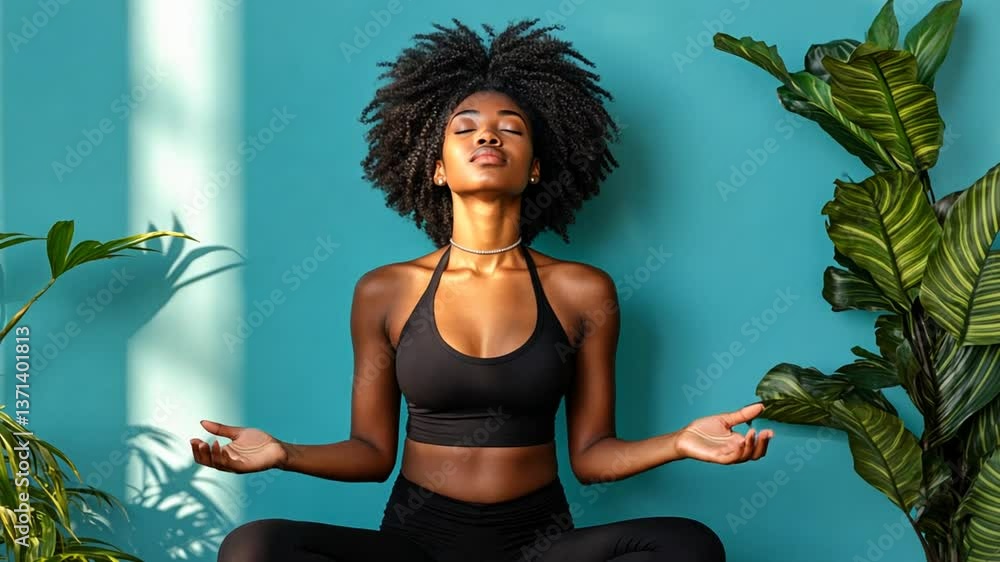 Poster young woman practicing breathing exercises in a calming environment generative ai