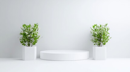 White Platform White Flowers Minimalist 3D Render Center Display Product Mockup White Background Clean Branding