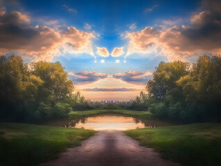 Fototapeta premium Photo of Sunset Landscape with Trees and Reflection of Sky and Light