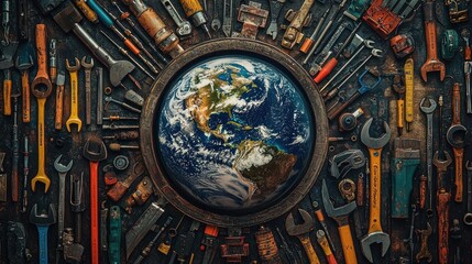 Earth Surrounded by Various Tools and Instruments on Dark Background