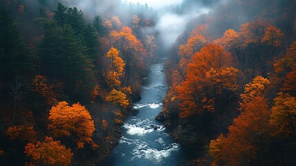 Fototapeta premium Serene River Flowing Through Autumn Forest with Colorful Foliage and Misty Air, Capturing Nature's Beauty.