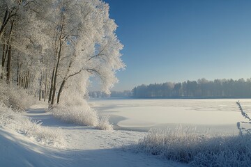 A winter landscape featuring frozen water and frosted trees with sky