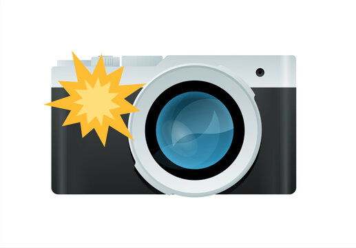 Camera with flash light vector isolated icon. Photo camera emoji illustration. Camera icons, 10 eps.