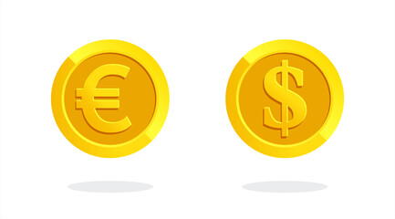 Coin icon. Vector money symbol. Bank payment symbol. Euro and Dollar sign. Euro and Dollar coin. Golden coin. Finance. Currency symbol. Game coin. Wealth symbol. Success. Cash. European currency. Gold