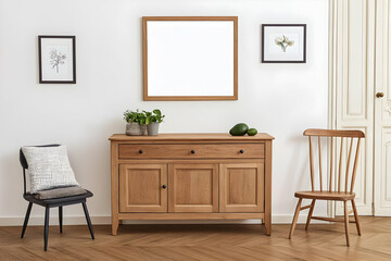 Photo of Wooden Cabinet with Frames and Chairs in a Bright Room